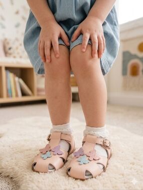 Toddler Girls' Pink Leather Closed-Toe Sandals with Pastel Butterfly Appliqué
